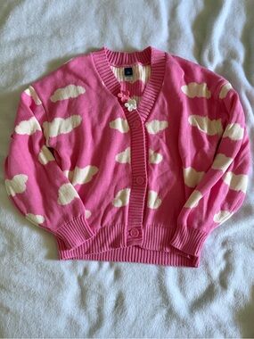 Old Navy Girl’s Pink Cloud Pattern V-Neck Button Cardigan Sweater
